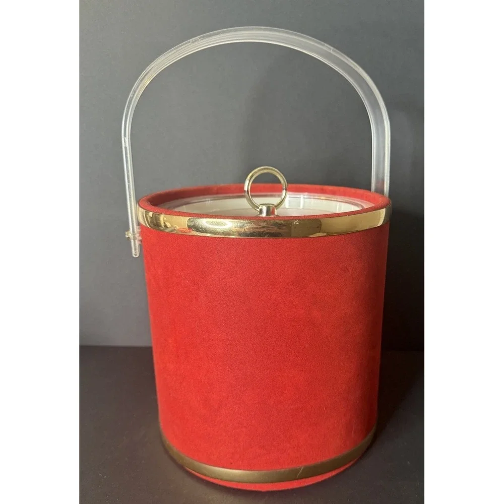 Vintage Coca-Cola Ice Bucket Red & Gold & Clear Acrylic Handle Made in USA EUC